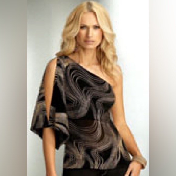 Cache Black One Sleeve Top with Gold Swirl Stud Design Sz M - Picture 6 of 14